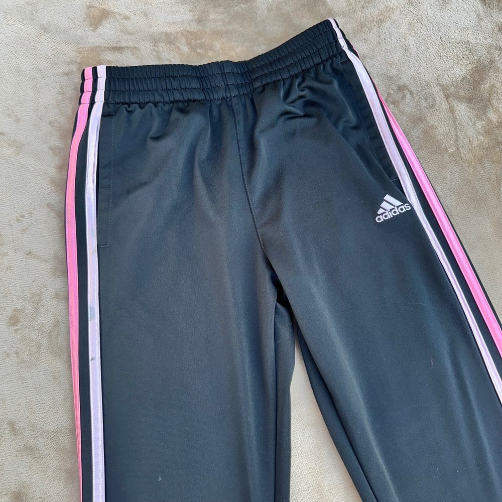 Adidas Track Pants Girls Size M 10/12 Black Pink White Stripes Excellent